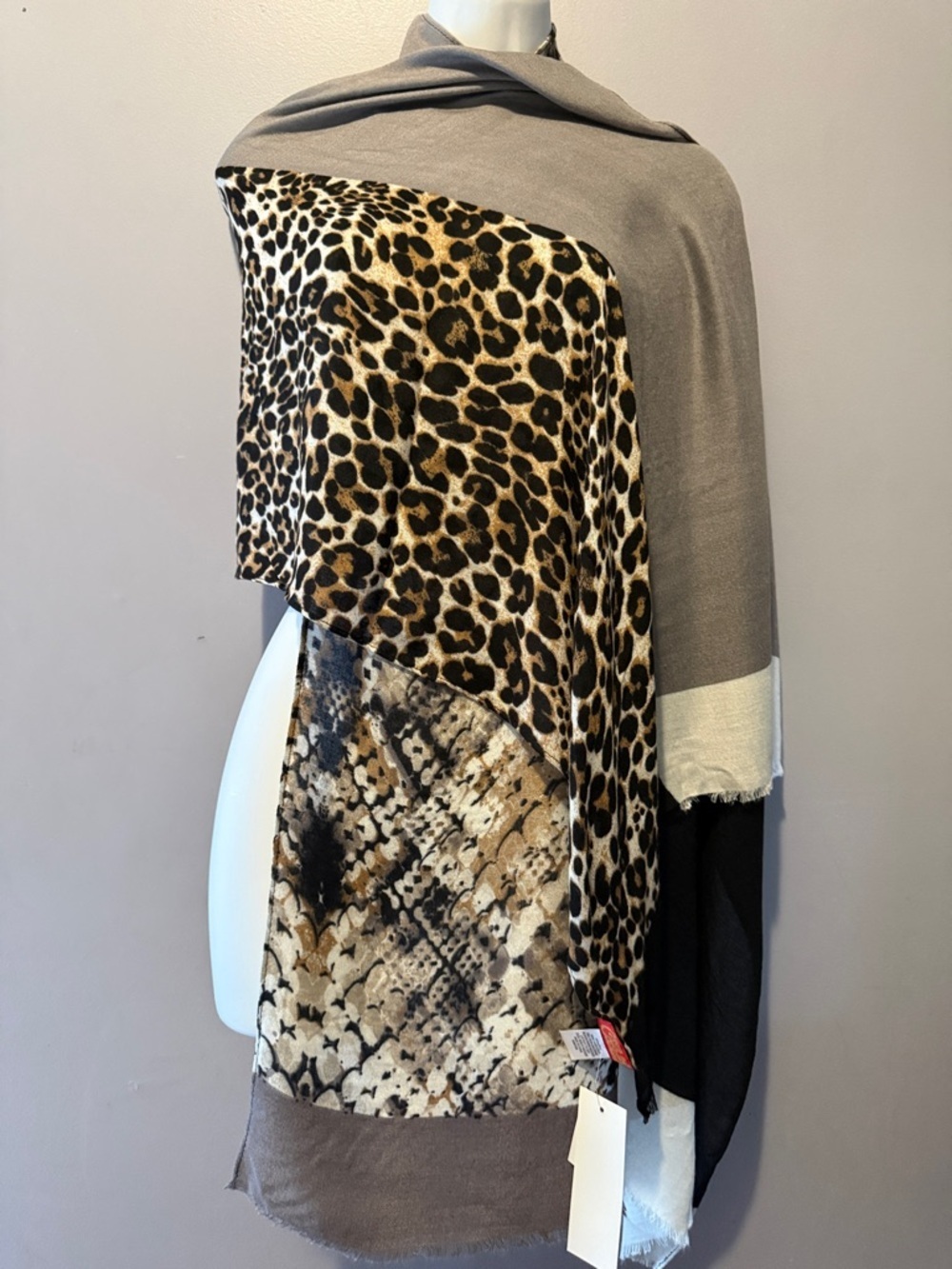 Carlos by Carlos Santana Taupe, Black & Cream Animal Mix Shawl - Picture 3 of 9